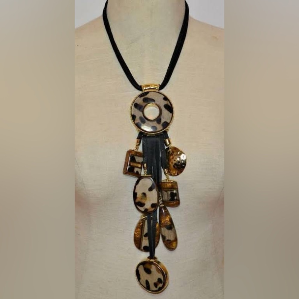 Chico's Black and Gold Pendant Necklace with Tassel